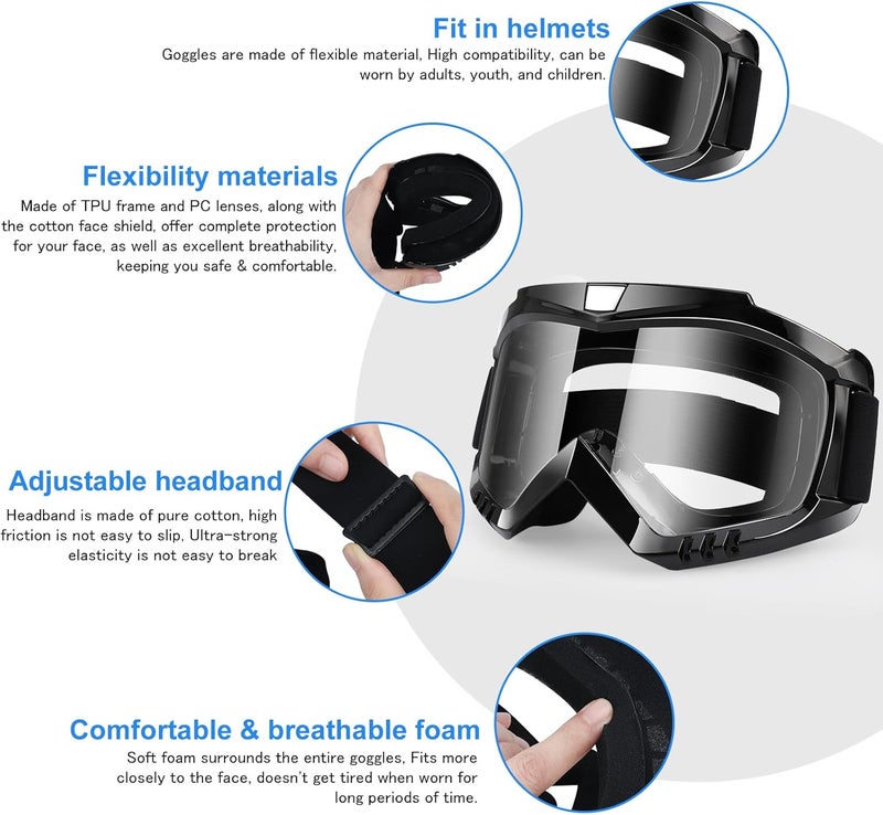4-FQ ATV Dirt Bike Goggles 2-Pack with Neck Gaiter Motorcycle Motocross Goggles Bike Riding Racing Offroad Eyewear Wide Vision Glasses with Breathable Mask for Men Women Youth Kids Clear Lens - Image 4